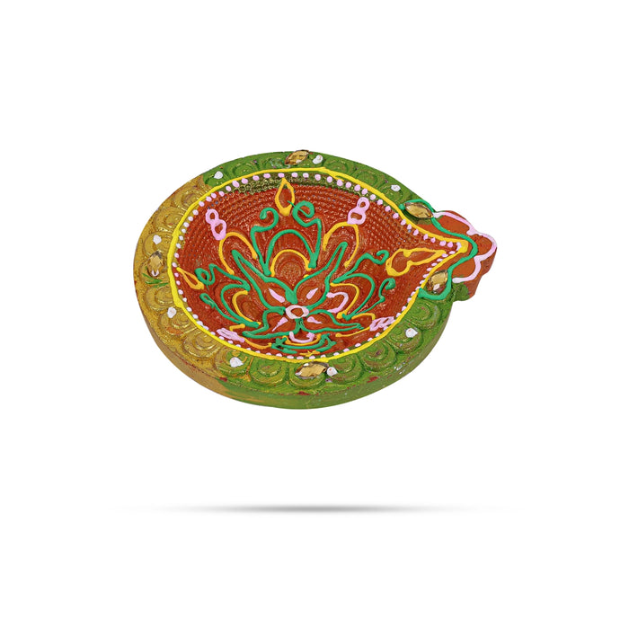 Fancy Agal Diya - 1 x 3.25 Inches | 4 Pcs/ Painted Clay Diyas/ Decorative Earthen Oil Lamps for Pooja Decor