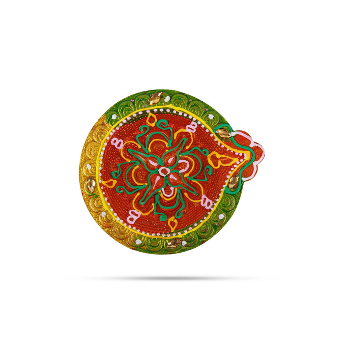 Fancy Agal Diya - 1 x 3.25 Inches | 4 Pcs/ Painted Clay Diyas/ Decorative Earthen Oil Lamps for Pooja Decor