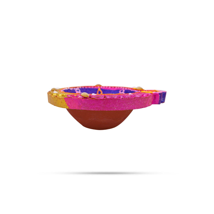 Fancy Agal Diya - 1 x 3.25 Inches | 4 Pcs/ Painted Clay Diyas/ Decorative Earthen Oil Lamps for Pooja Decor