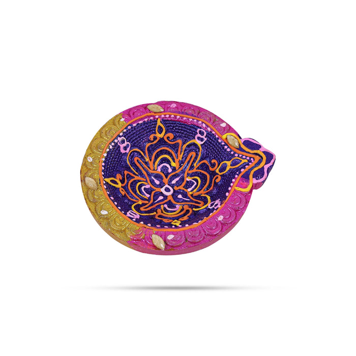Fancy Agal Diya - 1 x 3.25 Inches | 4 Pcs/ Painted Clay Diyas/ Decorative Earthen Oil Lamps for Pooja Decor