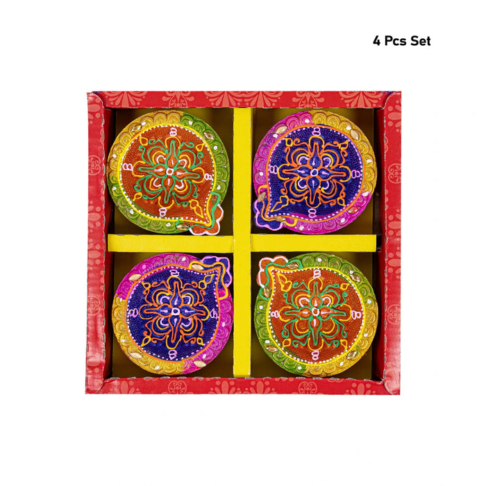 Fancy Agal Diya - 1 x 3.25 Inches | 4 Pcs/ Painted Clay Diyas/ Decorative Earthen Oil Lamps for Pooja Decor