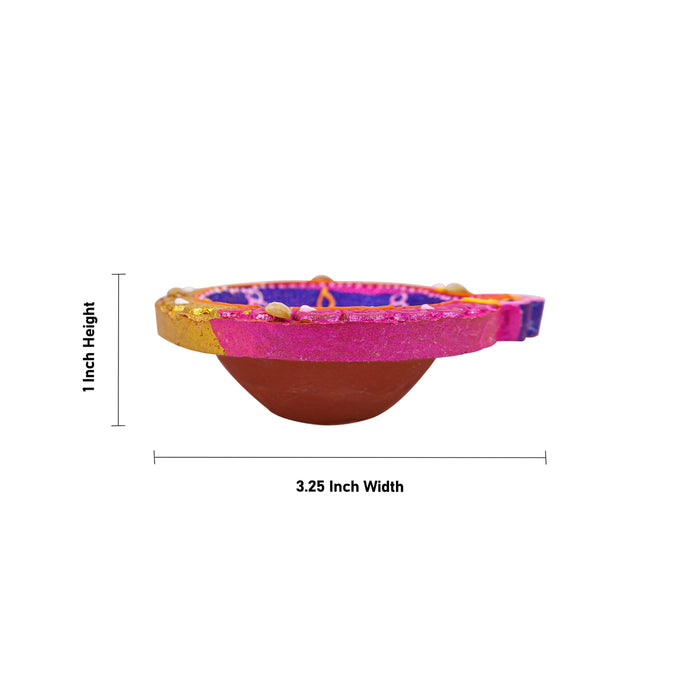 Fancy Agal Diya - 1 x 3.25 Inches | 4 Pcs/ Painted Clay Diyas/ Decorative Earthen Oil Lamps for Pooja Decor