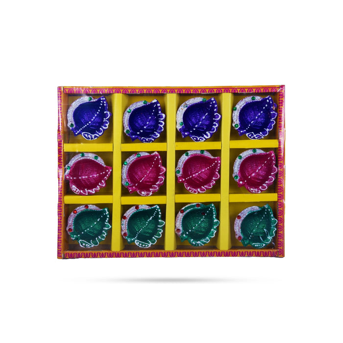 Fancy Agal Diya - 12 Pcs Set | Decorative Earthen Oil Lamps/ Painted Clay Diya for Diwali & Festive Decor
