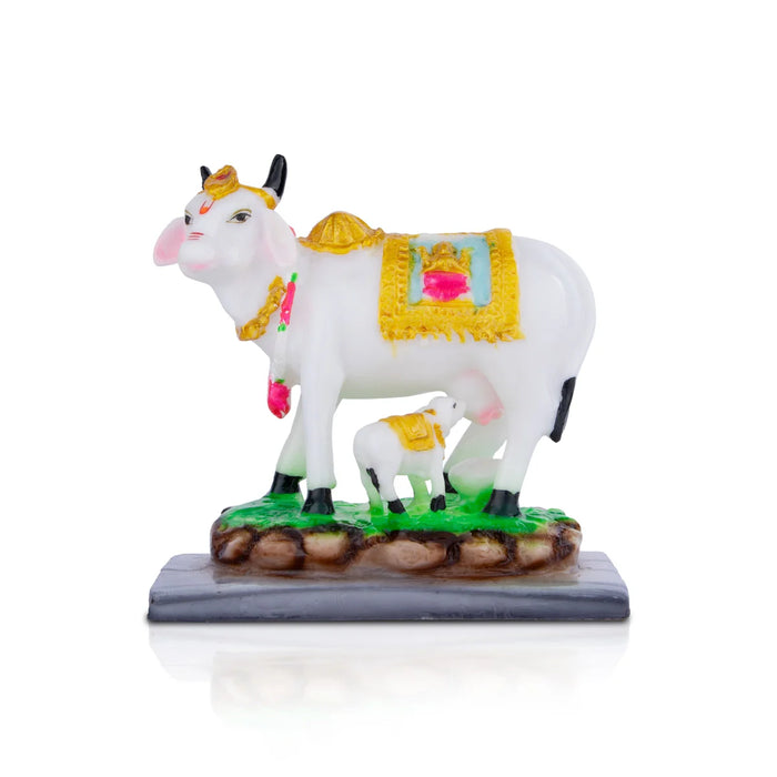 Cow and Calf Idol - 6 x 5.5 Inches | Kamadhenu Cow Statue/ Cow Calf Idol for Pooja