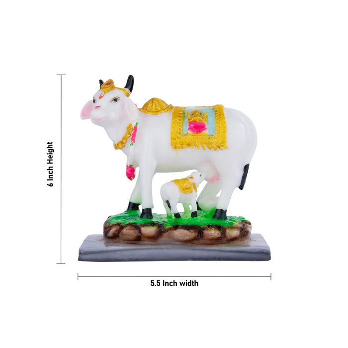 Cow and Calf Idol - 6 x 5.5 Inches | Kamadhenu Cow Statue/ Cow Calf Idol for Pooja