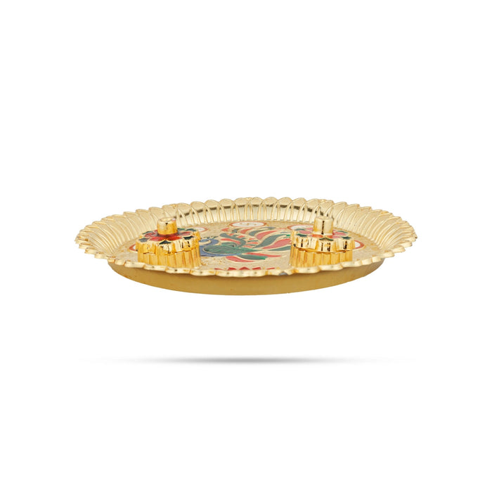 Kumkum Box With Plate - 8 Inches | Kumkum Bharani With Tray/ Gold Polish Sindoor Pot for Pooja