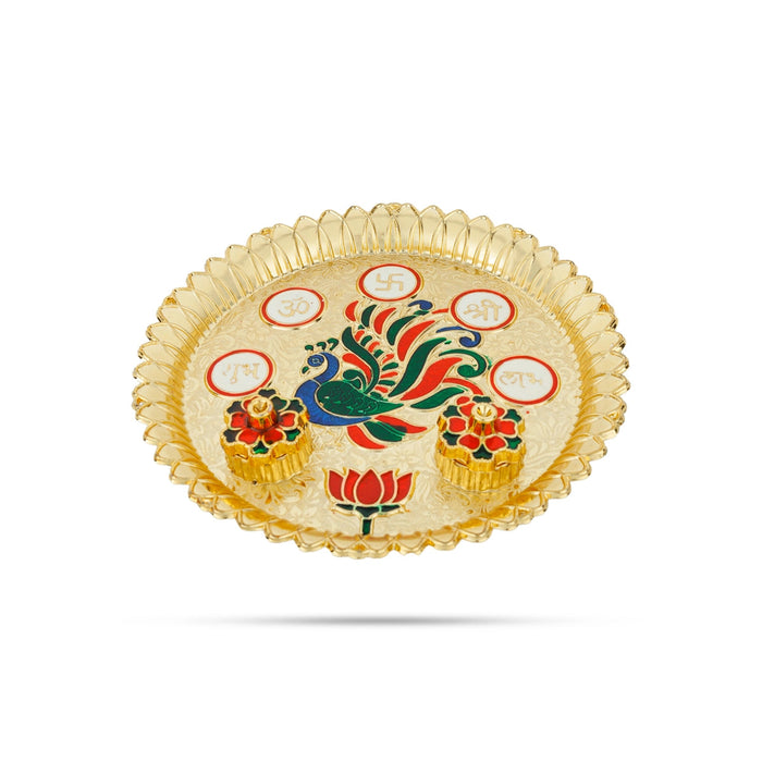 Kumkum Box With Plate - 8 Inches | Kumkum Bharani With Tray/ Gold Polish Sindoor Pot for Pooja