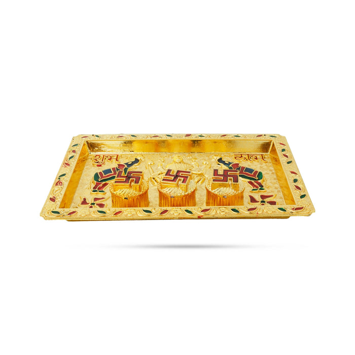 Decorative Plate With Kumkum Box - 6 x 9 Inches | Mahalakshmi Design Fancy Tray With Kumkum Bharani for Pooja