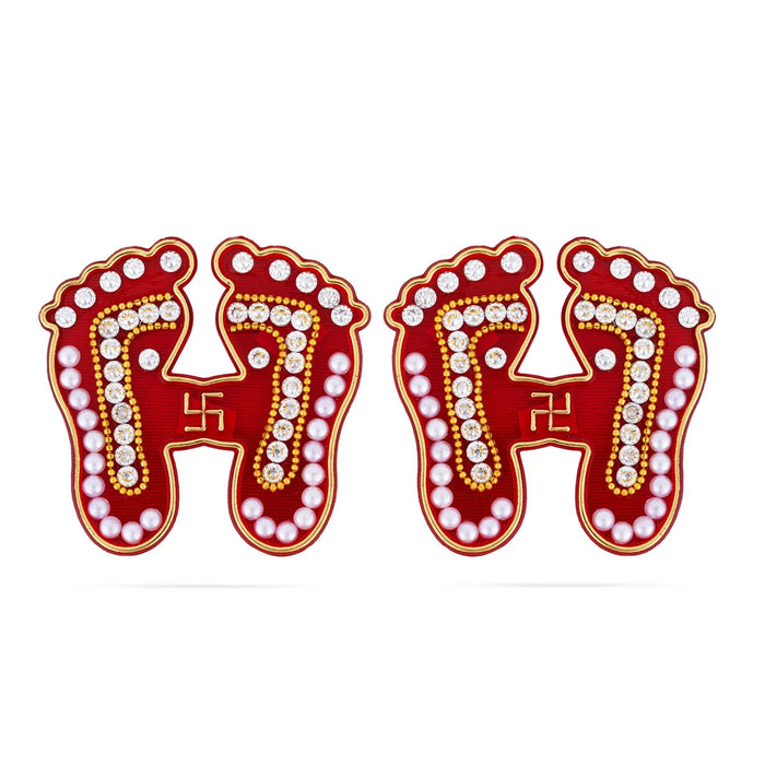 Paduka Sticker Pair - 2.25 x 2.5 Inches | Red Colour Padham/ Swastik With Moti Design padhuka for Pooja Decor