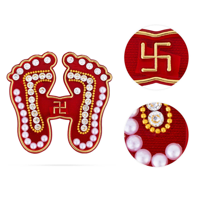 Paduka Sticker Pair - 2.25 x 2.5 Inches | Red Colour Padham/ Swastik With Moti Design padhuka for Pooja Decor