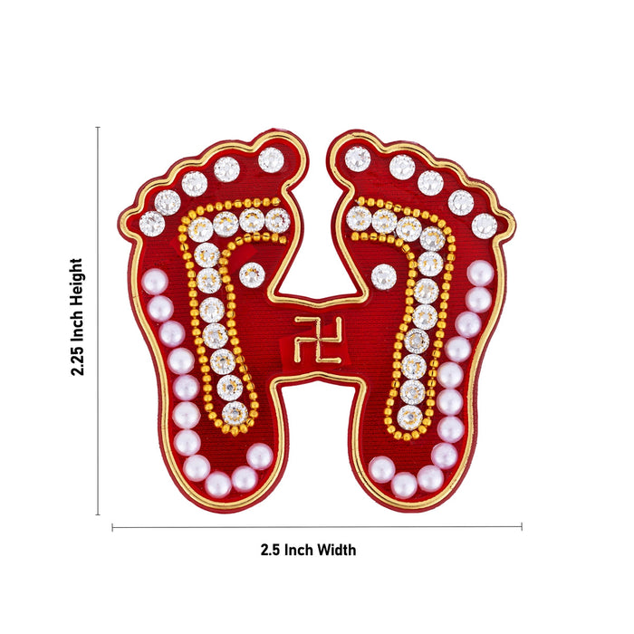 Paduka Sticker Pair - 2.25 x 2.5 Inches | Red Colour Padham/ Swastik With Moti Design padhuka for Pooja Decor
