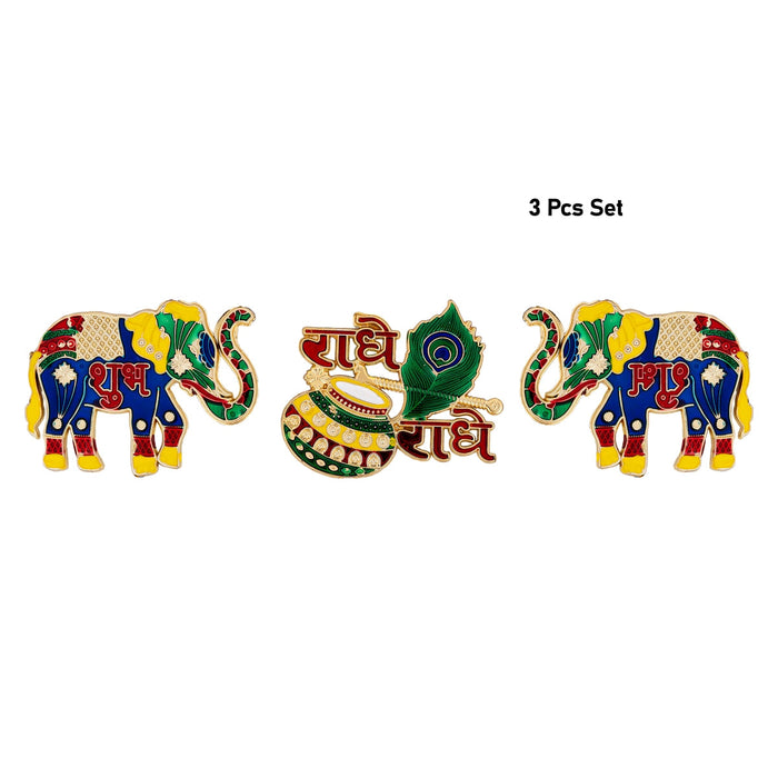 Radha Radha Sticker With Elephant Statue Set | 3 Pcs/ Decorative Elephant Idol For Home Decor & Festive Gifting