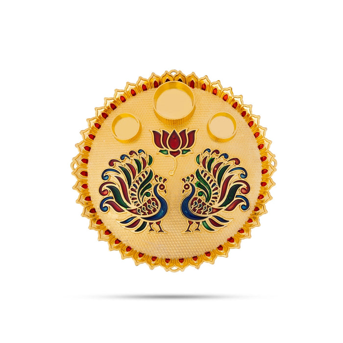 Decorative Plate With 3 Kumkum Box - 11 Inches | Peacock & Lotus Kumkum Bharani/ Sindoor Pot For Pooja