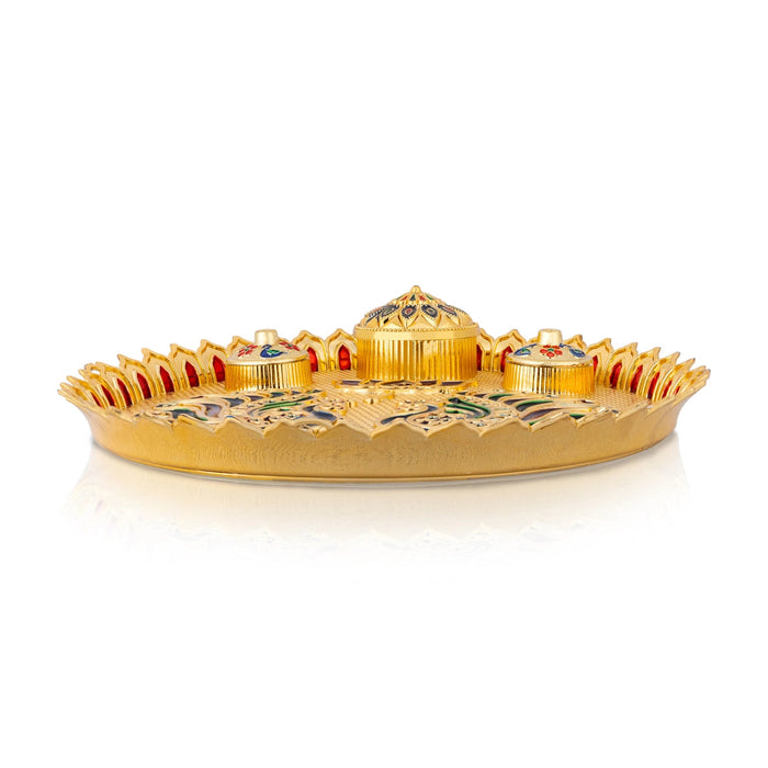 Decorative Plate With 3 Kumkum Box - 11 Inches | Peacock & Lotus Kumkum Bharani/ Sindoor Pot For Pooja