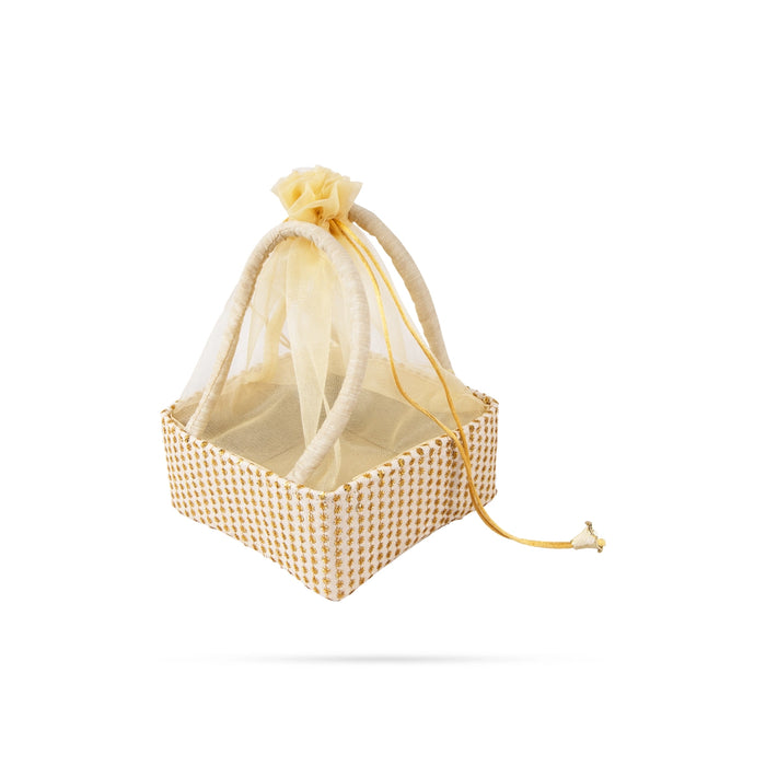 Decorative Tokri Basket With Net Cover - 3 X 6 X 6 Inches | Chocolate Gift Basket/ Gift Hamper Basket For Storage