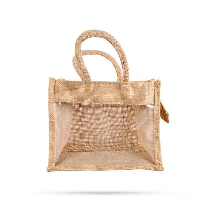 Jute Bag With Zip - 8 X 10 Inches | Transparent Cover Gift Bag/ Jute Handbag/ Jute Carry Bag For Return Gifts