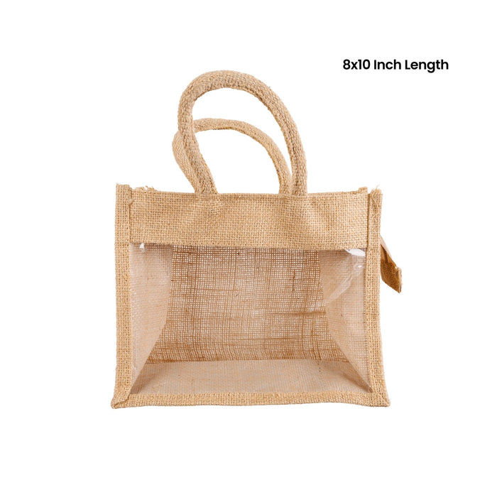 Jute Bag With Zip - 8 X 10 Inches | Transparent Cover Gift Bag/ Jute Handbag/ Jute Carry Bag For Return Gifts