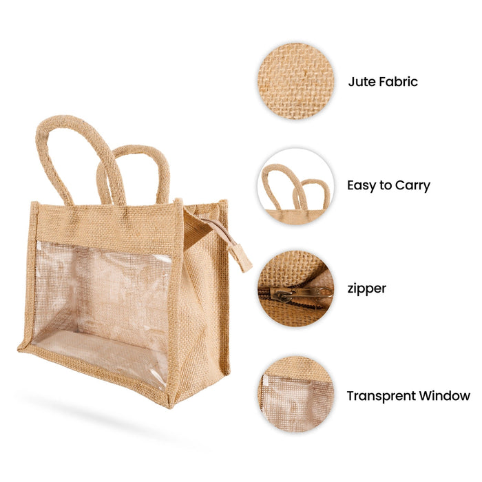 Jute Bag With Zip - 8 X 10 Inches | Transparent Cover Gift Bag/ Jute Handbag/ Jute Carry Bag For Return Gifts
