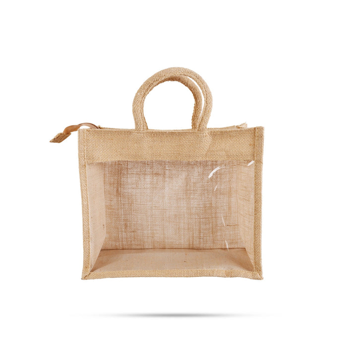 Jute Bag With Zip- 10 X 12 Inches | Jute Handbag/Transparent Cover Gift Bag/Jute Carry Bag For Storage & Shopping