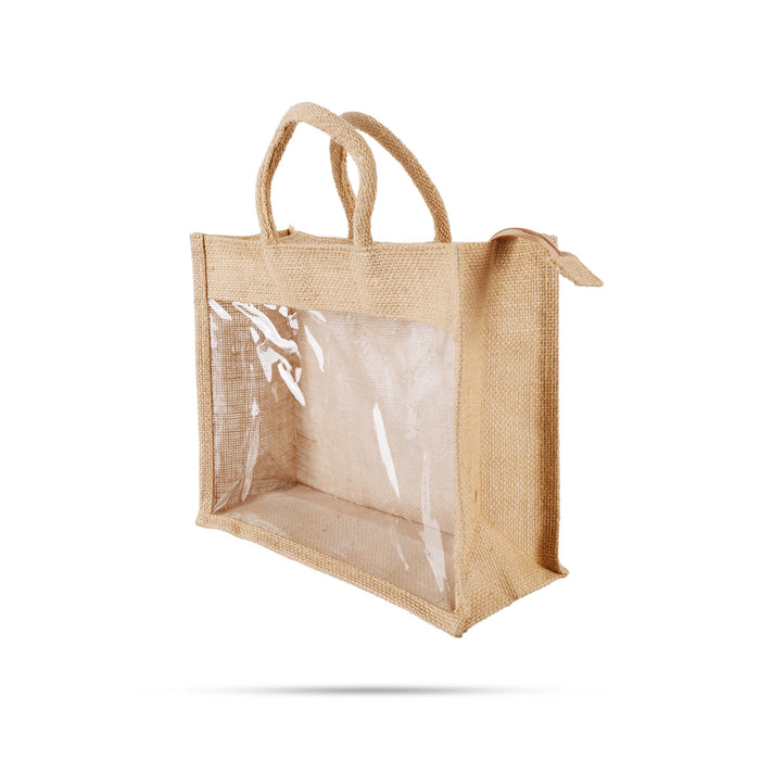 Jute Bag With Zip- 10 X 12 Inches | Jute Handbag/Transparent Cover Gift Bag/Jute Carry Bag For Storage & Shopping