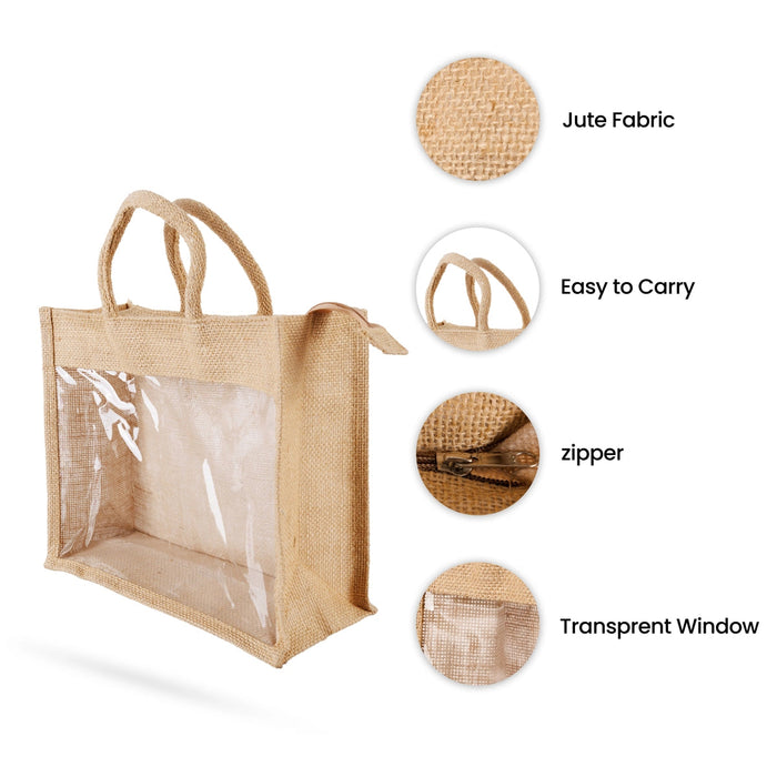 Jute Bag With Zip- 10 X 12 Inches | Jute Handbag/Transparent Cover Gift Bag/Jute Carry Bag For Storage & Shopping