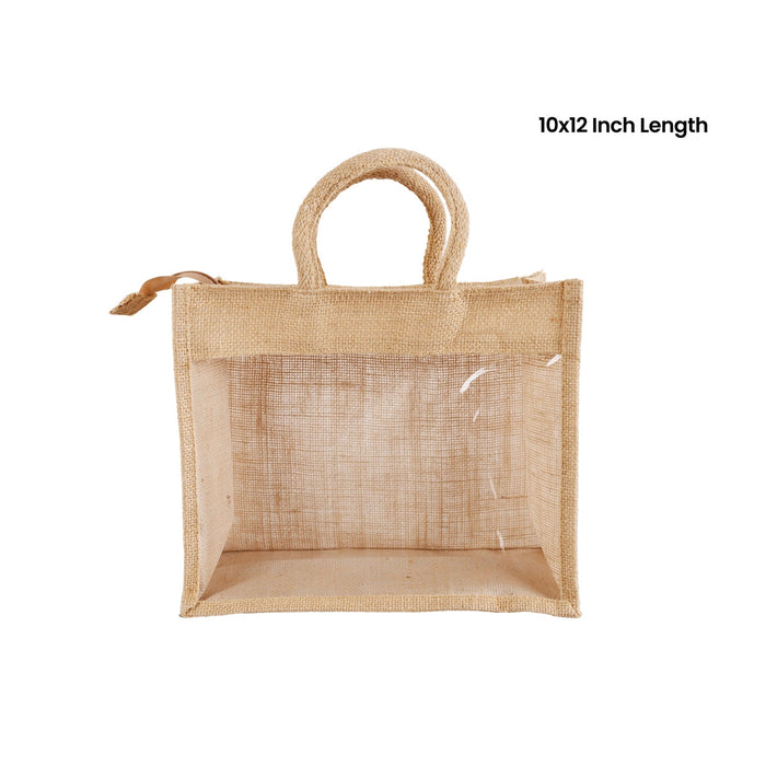 Jute Bag With Zip- 10 X 12 Inches | Jute Handbag/Transparent Cover Gift Bag/Jute Carry Bag For Storage & Shopping