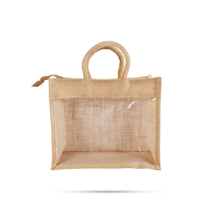 Jute Bag With Zip - 12 X 14 Inches | Jute Carry Bag/ Transparent Cover Gift Bag/ Jute Handbag For Return Gift