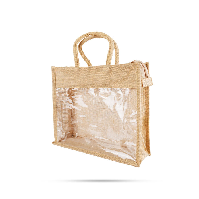 Jute Bag With Zip - 12 X 14 Inches | Jute Carry Bag/ Transparent Cover Gift Bag/ Jute Handbag For Return Gift