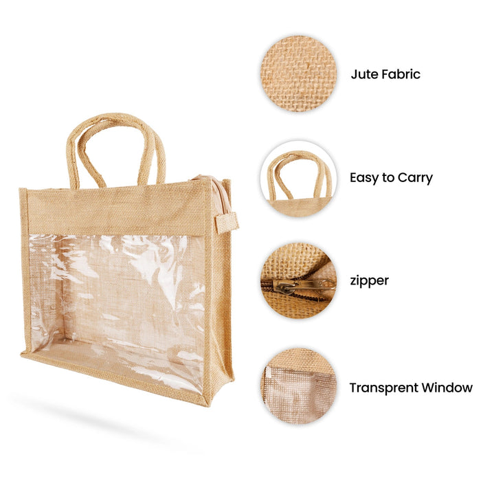 Jute Bag With Zip - 12 X 14 Inches | Jute Carry Bag/ Transparent Cover Gift Bag/ Jute Handbag For Return Gift