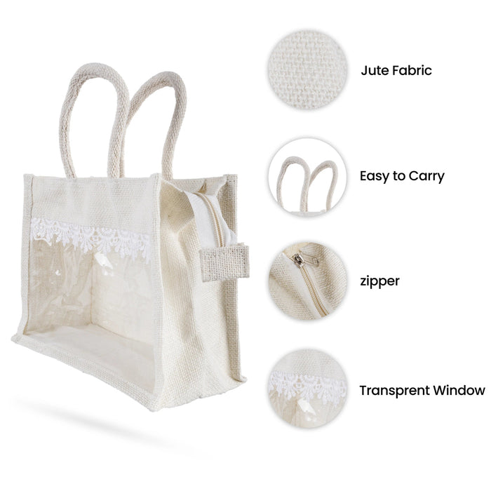 Jute Bag With Zip - 8 X 10 Inches | Lace Design Jute Carry Bag/ Transparent Cover Gift Bag For Return Gifts