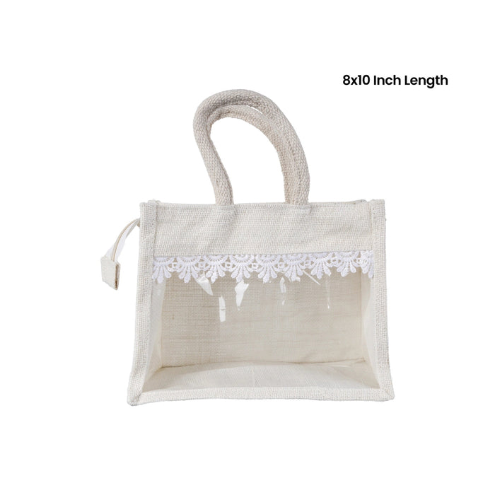 Jute Bag With Zip - 8 X 10 Inches | Lace Design Jute Carry Bag/ Transparent Cover Gift Bag For Return Gifts