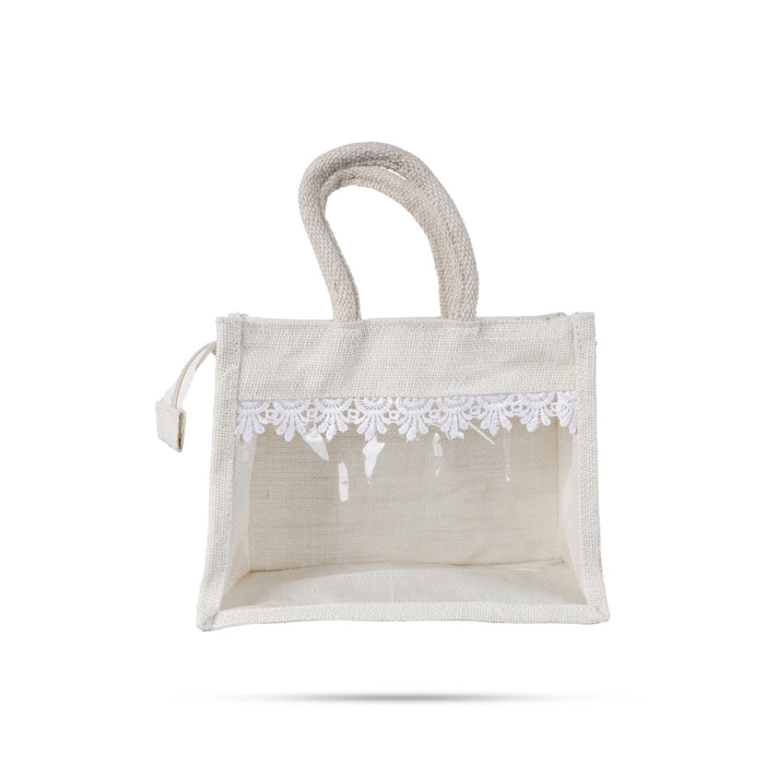 Jute Bag With Zip - 12 X 10 Inches | Lace Design Jute Carry Bag/ Transparent Cover Gift Bag For Return Gifts