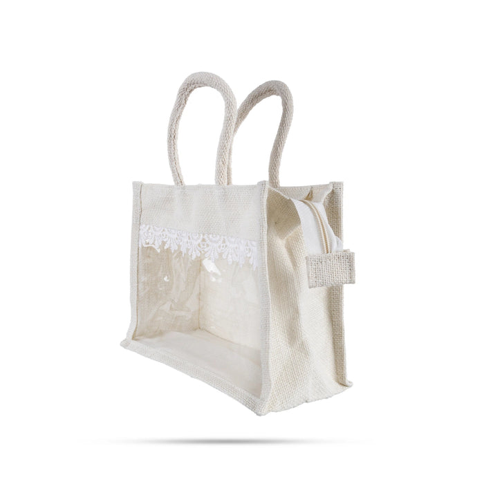 Jute Bag With Zip - 12 X 10 Inches | Lace Design Jute Carry Bag/ Transparent Cover Gift Bag For Return Gifts