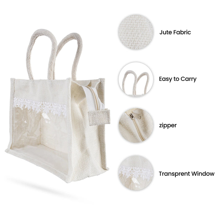 Jute Bag With Zip - 12 X 10 Inches | Lace Design Jute Carry Bag/ Transparent Cover Gift Bag For Return Gifts