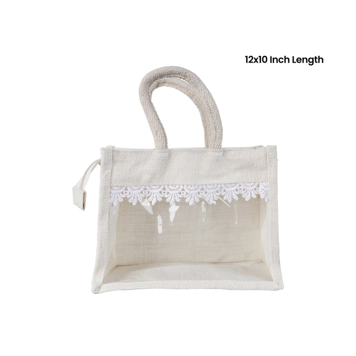 Jute Bag With Zip - 12 X 10 Inches | Lace Design Jute Carry Bag/ Transparent Cover Gift Bag For Return Gifts