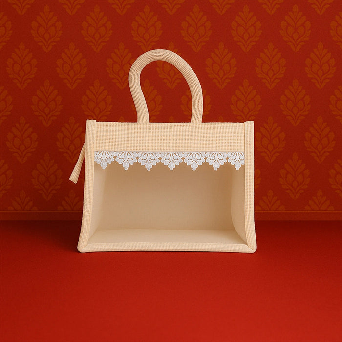 Jute Bag With Zip - 12 X 10 Inches | Lace Design Jute Carry Bag/ Transparent Cover Gift Bag For Return Gifts