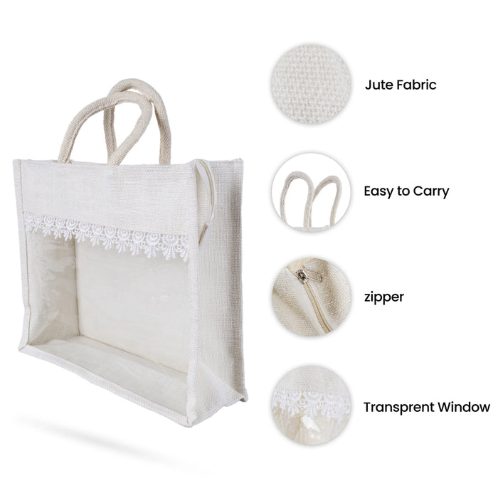 Jute Bag With Zip - 12 X 14 Inches | Lace Design Jute Carry Bag/ Transparent Cover Gift Bag For Return Gifts