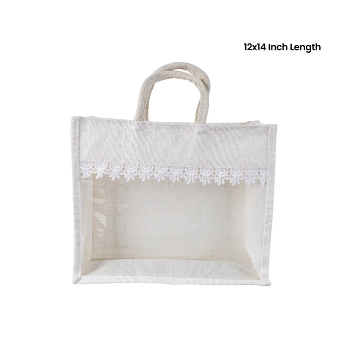 Jute Bag With Zip - 12 X 14 Inches | Lace Design Jute Carry Bag/ Transparent Cover Gift Bag For Return Gifts