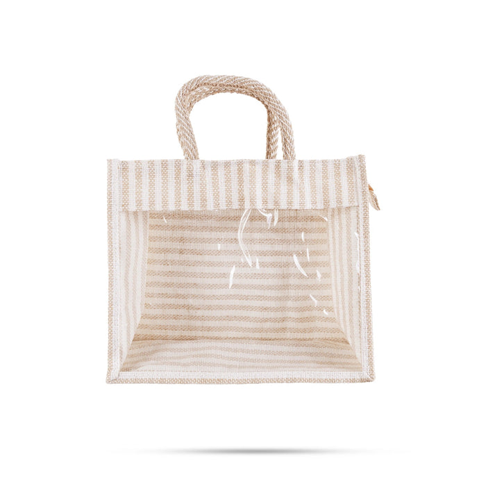 Jute Bag With Zip - 8 X 10 Inches | White Stripes Jute Handbag/ Transparent Cover Gift Bag For Return Gifts