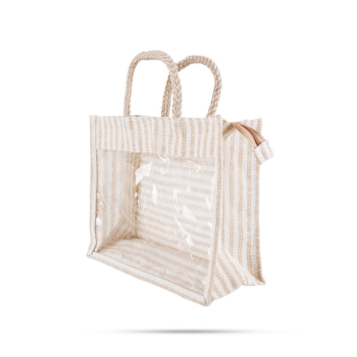 Jute Bag With Zip - 8 X 10 Inches | White Stripes Jute Handbag/ Transparent Cover Gift Bag For Return Gifts
