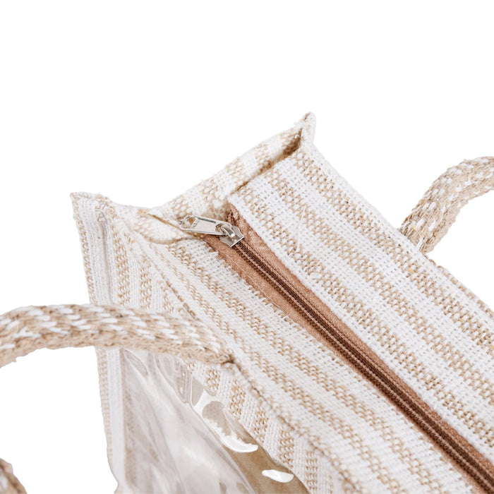 Jute Bag With Zip - 8 X 10 Inches | White Stripes Jute Handbag/ Transparent Cover Gift Bag For Return Gifts