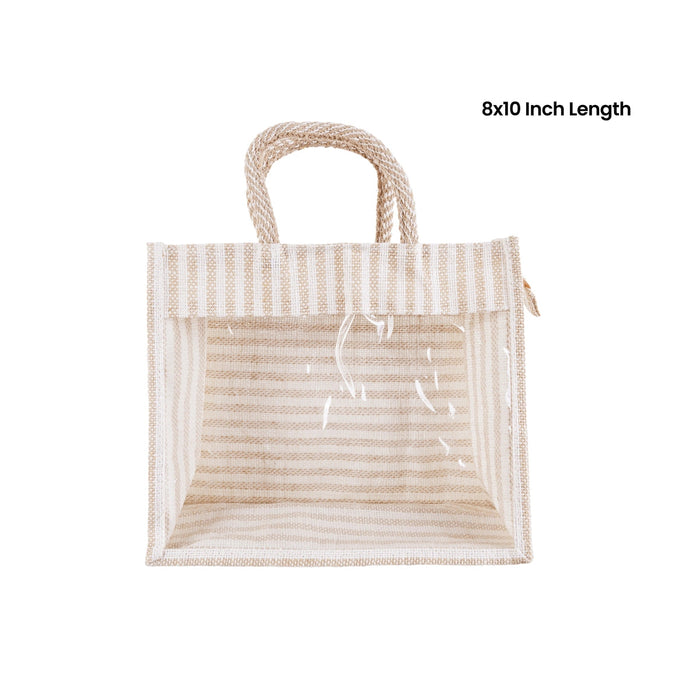 Jute Bag With Zip - 8 X 10 Inches | White Stripes Jute Handbag/ Transparent Cover Gift Bag For Return Gifts