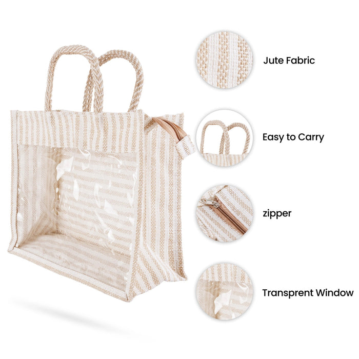 Jute Bag With Zip - 12 X 10 Inches | White Stripes Jute Handbag/ Transparent Cover Gift Bag For Return Gifts