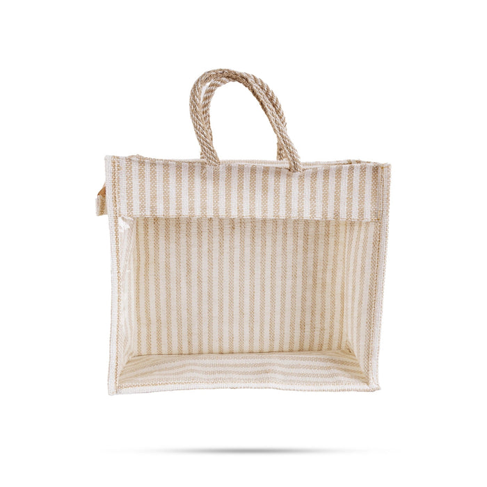 Jute Bag With Zip - 12 X 14 Inches | White Stripes Jute Handbag/ Transparent Cover Gift Bag For Return Gifts