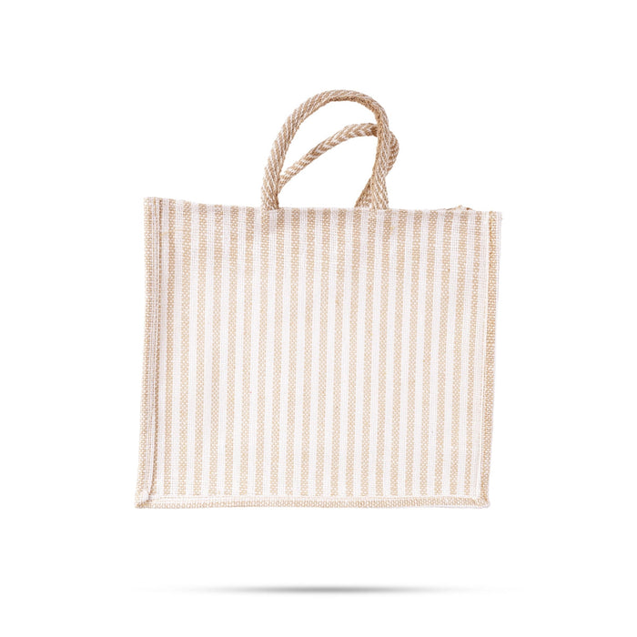 Jute Bag With Zip - 12 X 14 Inches | White Stripes Jute Handbag/ Transparent Cover Gift Bag For Return Gifts