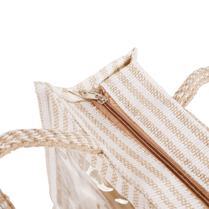 Jute Bag With Zip - 12 X 14 Inches | White Stripes Jute Handbag/ Transparent Cover Gift Bag For Return Gifts