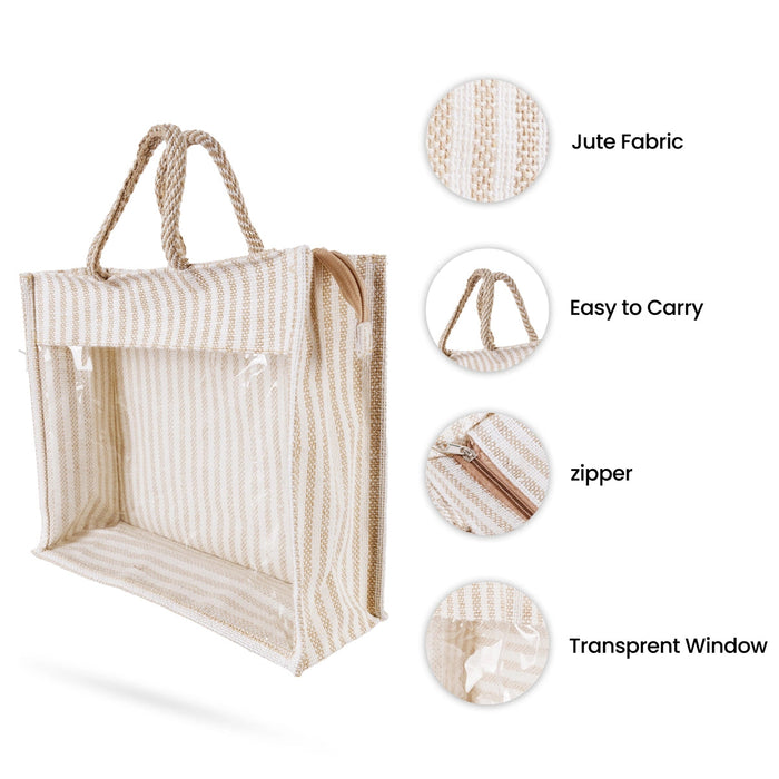 Jute Bag With Zip - 12 X 14 Inches | White Stripes Jute Handbag/ Transparent Cover Gift Bag For Return Gifts