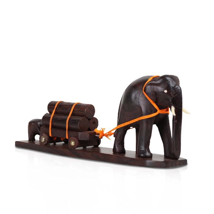 Elephant Cart - 3 x 10 Inches | Wooden Elephant Statue / Elephant Idol for Table Decor