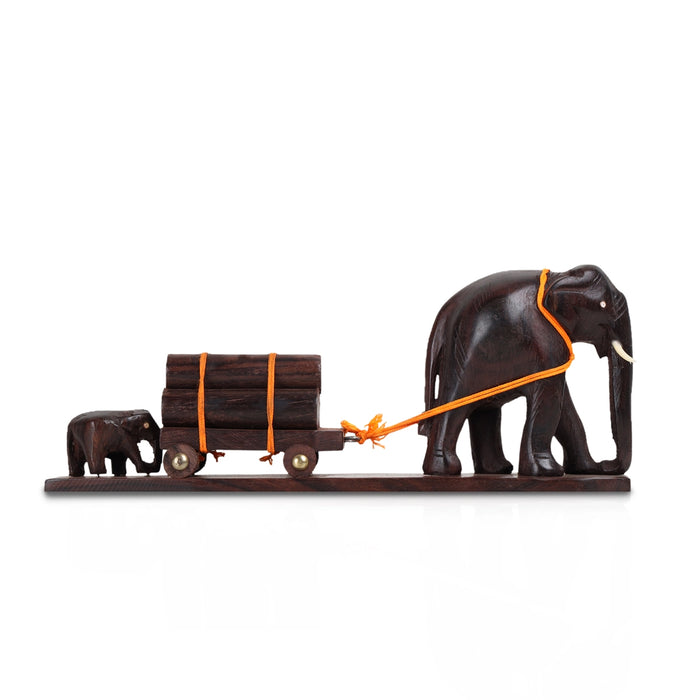 Elephant Cart - 3 x 10 Inches | Wooden Elephant Statue / Elephant Idol for Table Decor