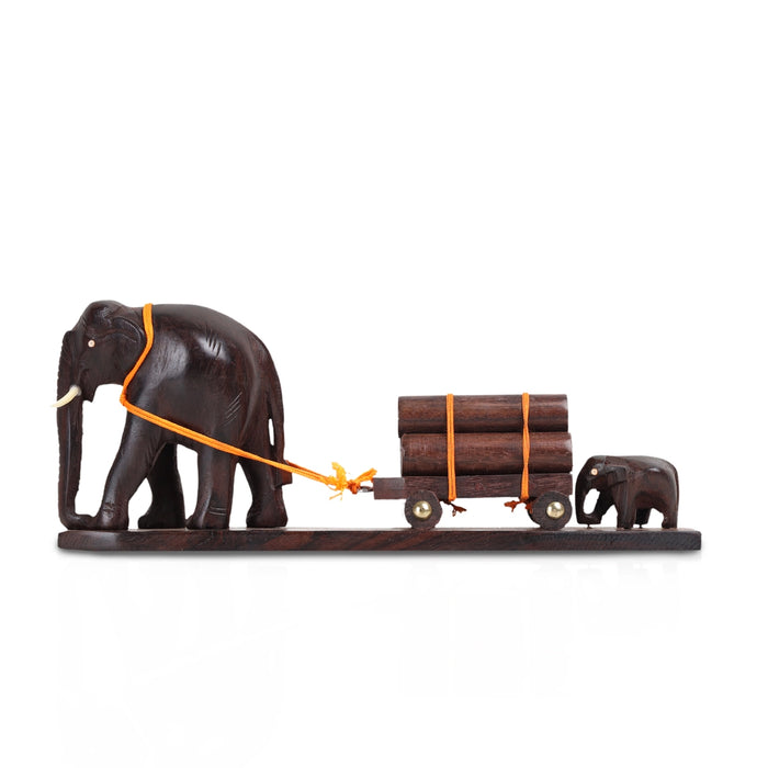 Elephant Cart - 3 x 10 Inches | Wooden Elephant Statue / Elephant Idol for Table Decor